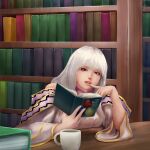  1girl book bookshelf circlet coffee_cup commission commissioner_upload cup disposable_cup finger_to_mouth fire_emblem fire_emblem:_genealogy_of_the_holy_war fire_emblem_heroes highres holding holding_book indoors julia_(fire_emblem) library loptoart open_mouth reading signature sitting table violet_eyes white_hair 