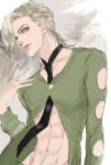  1boy abs black_necktie blonde_hair closed_mouth green_jacket jacket jojo_no_kimyou_na_bouken kayaze lips long_sleeves looking_at_viewer male_focus medium_hair muscular muscular_male navel necktie pannacotta_fugo solo stomach vento_aureo violet_eyes 