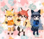  3girls animal_ears black_hair blazer blonde_hair bow bowtie extra_ears ezo_red_fox_(kemono_friends) fox_ears fox_girl fox_tail gloves jacket kemono_friends kikuchi_milo long_hair multiple_girls necktie pantyhose red_fox_(kemono_friends) redhead shoes silver_fox_(kemono_friends) skirt socks tail 