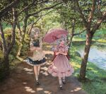  2girls apron back_bow basket bat_wings blue_dress bow commentary_request day dress flat_chest forest full_body grey_hair hat holding holding_basket holding_umbrella izayoi_sakuya looking_at_another looking_to_the_side maid_headdress mob_cap multiple_girls nature outdoors pink_dress puffy_short_sleeves puffy_sleeves remilia_scarlet shiratama_(hockey) short_hair short_sleeves touhou tree umbrella waist_apron walking water wings 