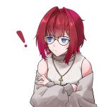  ange_katrina annoyed blue_eyes chamaji clothing_cutout crossed_arms earrings frilled_shirt_collar frills furrowed_brow glasses hair_between_eyes hair_intakes highres jewelry looking_to_the_side necklace nijisanji pout puffy_sleeves redhead short_hair shoulder_cutout triangle_hair_ornament virtual_youtuber 