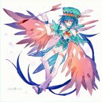  1boy arrow_(projectile) blue_hair brown_cape cape center_frills decidueye frills glasses green_headwear hat hat_feather hibi89 highres long_hair long_sleeves looking_at_viewer low_ponytail pants personification pokemon red-framed_eyewear red_eyes shirt simple_background solo thigh_strap very_long_hair white_background white_pants white_shirt 