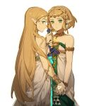  bare_shoulders blonde_hair braid breasts crown_braid dress green_eyes hair_ornament hairclip highres holding holding_hands holding_weapon jewelry long_hair official_alternate_costume official_alternate_hair_length official_alternate_hairstyle parted_bangs pointy_ears princess_zelda short_hair sidelocks teardrop_facial_mark the_legend_of_zelda the_legend_of_zelda:_breath_of_the_wild the_legend_of_zelda:_tears_of_the_kingdom time_paradox weapon wufaxianshi_cnd 