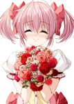  1girl absurdres blush bouquet bow closed_eyes commentary facing_viewer flower hair_bow highres holding holding_bouquet kaname_madoka magical_girl mahou_shoujo_madoka_magica misteor nose_blush open_mouth pink_bow pink_hair puffy_short_sleeves puffy_sleeves short_hair short_sleeves short_twintails simple_background smile solo teeth twintails upper_body upper_teeth_only white_background 