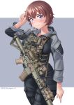  1girl ar-15 blue_eyes blush cargo_pants cowboy_shot gun hand_in_own_hair highres load_bearing_vest original pants redhead rifle scope short_hair signature simple_background sling solo waruzamurai weapon 