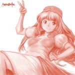  1girl breasts closed_mouth collarbone copyright_name dragon_buster_(game) dress hand_up hat highres long_hair looking_at_viewer medium_breasts minamoto80486 monochrome princess_celia puffy_short_sleeves puffy_sleeves red_theme short_sleeves simple_background smile solo v white_background 