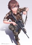  ar-15 blue_eyes boots brown_hair camouflage camouflage_pants ck901 combat_boots full_body gun highres holding holding_gun holding_weapon military military_uniform original pants rifle scope short_hair sleeves_rolled_up sling solo trigger_discipline uniform waruzamurai weapon white_background 