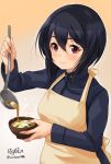  1girl apron artist_name blue_hair blue_jacket bowl brave_witches closed_mouth commentary_request food gradient_background haruhata_mutsuki holding holding_food jacket ladle looking_at_viewer military military_uniform miso_soup pouring shimohara_sadako short_hair signature smile solo soup standing uniform upper_body violet_eyes world_witches_series yellow_apron 