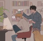  ! 2boys a_co_pi ash_lynx banana_fish black_hair blonde_hair blue_shirt book cup desk dog glasses golden_retriever indoors lamp long_sleeves looking_down male_focus mouse_(computer) mug multiple_boys okumura_eiji on_chair plant shirt speech_bubble spoken_exclamation_mark steam sweater white_sweater 