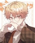  1boy blonde_hair brown_coat character_name coat commentary heart heart_hands hr_rinn long_sleeves looking_at_viewer male_focus project_sekai round_eyewear smile solo sweater tenma_tsukasa turtleneck turtleneck_sweater upper_body white_background white_sweater yellow-framed_eyewear yellow_eyes zozotown 