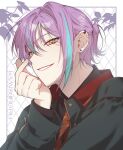  1boy black_shirt character_name coat ear_piercing finger_heart fingernails green_coat grin hr_rinn kamishiro_rui long_sleeves looking_at_viewer male_focus multicolored_hair necktie one_side_up piercing project_sekai purple_hair red_necktie shirt smile solo streaked_hair upper_body white_background yellow_eyes zozotown 