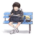  1boy absurdres ankle_socks backpack bag bench black_hair black_headwear black_shorts bottle child elementary_school_uniform hat highres kanji looking_down male_child male_focus randoseru school_uniform short_hair shorts socks solo water_bottle white_background white_footwear white_socks writing 