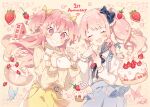  1girl 1other absurdres akiyama_mizuki blue_bow blue_ribbon blue_skirt blush bow bowl bug butterfly cake commentary_request cookie crossed_bangs cupcake falling_petals food frilled_bow frills fruit grin hair_bow happy highres momoi_airi neck_ribbon official_art pastry_bag petals pink_background pink_hair pink_theme project_sekai ribbed_sweater ribbon side_ponytail signature skirt smile strawberry strawberry_shortcake suspender_skirt suspenders sweater turtleneck turtleneck_sweater two_side_up uekura_eku white_sweater yellow_bow yellow_skirt 