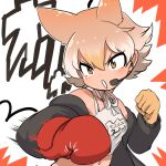  1girl animal_ears bare_shoulders black_jacket blonde_hair coyote_(kemono_friends) extra_ears gloves highres jacket kemono_friends kemono_friends_v_project mcgunngu microphone navel open_mouth punching shirt short_hair simple_background solo virtual_youtuber white_shirt wolf_ears wolf_girl yellow_eyes 