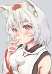  1girl absurdres animal_ear_fluff animal_ears bare_shoulders breasts closed_mouth grey_background hat highres inubashiri_momiji looking_at_viewer red_eyes risiyun shirt short_hair simple_background solo tokin_hat touhou upper_body white_hair white_shirt white_sleeves wolf_ears wolf_girl 