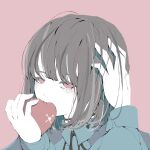  1girl absurdres apple black_choker black_ribbon blue_shirt blush brown_hair choker collared_shirt commentary_request covering_mouth eating food fruit hand_on_own_head highres holding holding_food holding_fruit long_bangs long_sleeves looking_at_viewer medium_hair neck_ribbon no_pupils nocopyrightgirl original pale_skin portrait red_background red_eyes ribbon shirt sleeve_cuffs solo 