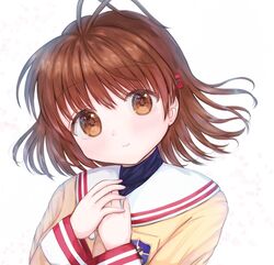  1girl antenna_hair brown_eyes brown_hair clannad furukawa_nagisa hands_on_own_chest hikarizaka_private_high_school_uniform looking_at_viewer sailor_collar sakata_misuzu school_uniform shirt short_hair simple_background solo upper_body white_background white_sailor_collar yellow_shirt 