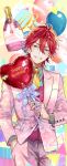  1boy alternate_costume amagi_rinne aqua_eyes balloon breast_pocket btpb0912 buttons collared_shirt commentary_request cowboy_shot earrings ensemble_stars! fingernails formal hair_between_eyes hand_in_pocket happy_birthday heart_balloon highres holding holding_balloon jewelry layered_clothes long_sleeves necktie pocket redhead ribbon shirt short_hair smile solo suit teeth yellow_necktie 