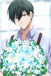  1boy absurdres aqua_eyes blue_lock bouquet closed_mouth collared_shirt commentary_request flower green_hair hair_between_eyes highres holding holding_bouquet itoshi_rin long_sleeves male_focus may_(illust_man_2020) shirt short_hair solo suspenders upper_body white_flower 