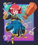  1990s_(style) 1girl absurdres blue_dress blue_robe broom cotton_(character) cotton_(game) dress gold_bracelet gold_footwear highres holding holding_broom medium_hair one_eye_closed pointing pointy_footwear potiri02 retro_artstyle robe witch wrapped_candy 