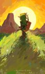  1boy bow_(weapon) copyright_name facing_away grass green_headwear green_tunic hat highres holding holding_shield holding_sword holding_weapon link orange_sky outdoors shield sky solo standing sun sunset sword the_legend_of_zelda weapon whitewood_0728 
