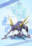  abstract_background all_fours armlet claws clip_studio_paint_(medium) crossover digimon digimon_(creature) drawing evangelion_(mecha) fusion glowing glowing_eyes highres hunched_over mecha metalgarurumon neon_genesis_evangelion open_mouth robot shadow silver_savior spikes 