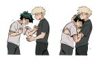  2boys bakugou_katsuki blonde_hair boku_no_hero_academia closed_eyes closed_mouth commentary crying daniartonline english_commentary green_hair grey_shirt hand_on_another&#039;s_arm hand_on_another&#039;s_back hand_on_another&#039;s_chest hand_on_another&#039;s_head hand_on_own_chest highres hug looking_at_another male_focus midoriya_izuku multiple_boys open_mouth pants sad scar scar_on_hand shirt short_hair short_sleeves simple_background spiky_hair standing t-shirt tears white_background 