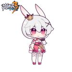  1girl breasts chibi crown eta full_body gloves hair_ornament honkai_(series) honkai_impact_3rd logo official_alternate_costume official_art pink_hair ponytail rabbit small_breasts smile standing theresa_apocalypse theresa_apocalypse_(sakura_rondo) thigh-highs white_gloves white_hair white_thighhighs x_hair_ornament 