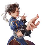  1girl absurdres asymmetrical_bangs bracelet brown_eyes brown_hair china_dress chinese_clothes chun-li double_bun dress earrings fighting_stance hair_bun highres j-u-n06 jewelry pelvic_curtain short_sleeves simple_background solo spiked_bracelet spikes street_fighter white_background 