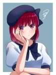  1girl 6kbgievnt89kt1f arima_kana beret blue_bow blue_bowtie blue_headwear blunt_bangs blush bow bowtie commentary hand_on_own_cheek hand_on_own_face hat highres looking_at_viewer medium_hair oshi_no_ko red_eyes redhead shirt simple_background solo thinking white_shirt 