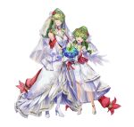  2girls bare_shoulders blue_flower bouquet breasts bridal_legwear bridal_veil choker dragonstone dress feather-trimmed_dress feather_trim fire_emblem fire_emblem:_mystery_of_the_emblem fire_emblem_awakening fire_emblem_heroes flower gesoking green_eyes green_hair high_heels high_ponytail highres holding holding_bouquet looking_at_viewer medium_breasts multiple_girls official_alternate_costume official_art open_mouth pointy_ears ponytail red_scarf scarf smile teeth tiara tiki_(adult)_(bridal)_(fire_emblem) tiki_(adult)_(fire_emblem) tiki_(fire_emblem) tiki_(young)_(bridal)_(fire_emblem) tiki_(young)_(fire_emblem) veil white_background white_choker white_dress white_footwear 