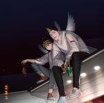  100dnch 2boys angel_wings black_hair black_pants blonde_hair bottle can cigarette earrings full_body grey_pants hand_tattoo hanemiya_kazutora hanma_shuuji highres holding holding_bottle holding_can hood hood_down hoodie jacket jewelry long_sleeves looking_at_viewer male_focus mole mole_under_eye mouth_hold multicolored_hair multiple_boys night orange_footwear outdoors pants shirt shoes short_hair single_earring sitting sleeves_past_wrists smile spiky_hair tattoo tokyo_revengers tsurime two-tone_hair white_footwear white_hoodie white_shirt wings yellow_eyes 