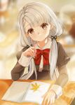  1girl autumn_leaves black_jacket black_ribbon blurry blurry_background blush bow bowtie braid braided_bangs brown_eyes classroom collarbone commentary_request desk dot_nose grey_hair hair_ribbon hand_up highres hisakawa_nagi holding holding_pencil idolmaster idolmaster_cinderella_girls idolmaster_cinderella_girls_starlight_stage jacket leaf lens_flare long_hair long_sleeves looking_at_viewer low_twintails maple_leaf mechanical_pencil notebook parted_lips partial_commentary pencil puffy_long_sleeves puffy_sleeves red_bow red_bowtie ribbon rino_cnc school school_desk school_uniform shadow sitting solo twintails very_long_hair 