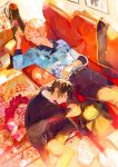  2boys amanemio2 black_hair closed_mouth couch earrings ensemble_stars! itsuki_shu jewelry kagehira_mika leaning_on_object lying male_focus multiple_boys on_couch parted_lips pink_hair short_bangs short_hair sleeping sleeping_upright 