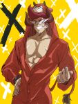  1boy ahichiru bull buttons grin hand_on_own_hip highres horns kamina_shades male_focus omega_strikers open_clothes pajamas pectorals pink_hair scar smile solo sunglasses tail x_(omega_strikers) 
