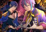  2boys absurdres black_vest blue_eyes blue_hair blue_nails blue_shirt closed_mouth coat collared_shirt commentary_request countdown domco frilled_sleeves frills gloves headphones highres kaito_(vocaloid) kamishiro_rui long_sleeves looking_at_viewer male_focus multicolored_hair multiple_boys official_art one_eye_closed phonograph pink_shirt project_sekai purple_coat purple_hair red_eyeliner ribbon shirt signature smile streaked_hair vest vocaloid white_gloves wonderlands_x_showtime_kaito yellow_eyes yellow_ribbon 