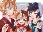  ahoge animal_ears antenna_hair bandana blue_eyes blush calico cat_boy cat_ears character_request commentary_request english_text fang fangs indie_virtual_youtuber looking_at_viewer male_child multicolored_hair open_mouth pink_nails red_bandana skin_fang tatamaru_(vtuber) teeth two-tone_hair virtual_youtuber xkasumikazex 