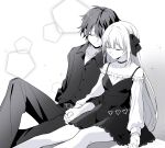  1boy 1girl ali_orok belt breasts choker closed_eyes collarbone collared_shirt couple dress ear_piercing greyscale hair_behind_ear hair_ribbon heart hetero highres holding_hands long_hair monochrome off-shoulder_shirt off_shoulder original pants piercing ribbon second-party_source shayne_orok_(character) shirt small_breasts smile tnri_0404 utaite_(singer) very_long_hair 