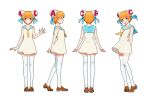 1girl :d acfun acfun_girl arms_behind_back bare_arms bare_shoulders blue_ribbon blue_sailor_collar blush brown_footwear bun_cover double_bun dress flat_chest full_body hair_bun hair_ribbon hand_up heel_up highres loafers multiple_views neckerchief official_art open_hand orange_eyes orange_hair reference_sheet ribbon sailor_collar sailor_dress shoes short_dress short_hair sleeveless sleeveless_dress smile standing teeth thigh-highs turnaround upper_teeth_only white_background white_dress white_thighhighs yellow_neckerchief zettai_ryouiki 