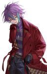  1boy belt black_gloves black_pants brown_belt buttons coat gloves highres jewelry kamishiro_rui looking_to_the_side necklace nes_(nes_402) pants project_sekai purple_hair purple_sweater red_coat simple_background smile solo sweater turtleneck turtleneck_sweater white_background wing_collar yellow_eyes 