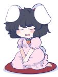  1girl animal_ears barefoot black_hair chahan_(fried_rice0614) chibi closed_eyes dress drooling highres inaba_tewi mouth_drool pink_dress rabbit_ears rabbit_tail simple_background sitting sleeping solo tail touhou v_arms wariza white_background 