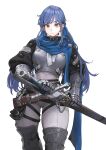  1girl armor armored_boots armored_gloves ass_visible_through_thighs blue_hair blue_scarf bodysuit boots breastplate breasts earrings greaves highres holding holding_sword holding_weapon hoop_earrings jewelry jun_(seojh1029) large_breasts long_bangs long_hair looking_at_viewer low_twintails original scarf sheath solo standing sword thick_thighs thigh_strap thighs twintails unsheathing weapon white_background white_bodysuit yellow_eyes 