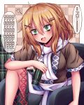  1girl :o absurdres arm_on_knee black_skirt blonde_hair blouse blush border brand_name_imitation breasts brown_background brown_shirt can couch energy_drink furrowed_brow green_eyes hair_ornament hairclip highres holding holding_can knee_up large_breasts looking_ahead medium_hair messy_hair mizuhashi_parsee monster_energy open_mouth pleated_skirt pointy_ears sash scarf shirt short_sleeves sitting siw0n skirt solo thighs tiles touhou translation_request white_border white_sash white_scarf x_hair_ornament 