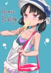  1girl alternate_costume artist_name black_hair blue_background camisole casual cowboy_shot food highres kantai_collection popsicle puddinghomhom purple_shorts short_hair shorts shounan_(kancolle) solo twintails violet_eyes white_camisole white_headwear 