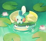  artist_name closed_mouth flower highres in_water lily_pad looking_at_viewer lotad mudkip no_humans partially_submerged pink_flower pokemon pokemon_(creature) su_(sajo_su5) water water_lily_flower 