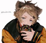  1boy animal_ears black_jacket blue_eyes cat_hair_ornament chocolate_doughnut doughnut eating food hair_ornament hairpin holding holding_food jacket llilililiilii long_sleeves looking_at_viewer male_focus multicolored_clothes multicolored_jacket ruggie_bucchi solo sprinkles translation_request twisted_wonderland upper_body white_background yellow_jacket 