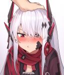  1girl bandaid bandaid_on_face black_jacket blush cesvelox grey_eyes hair_between_eyes hair_ornament headpat headphones heterochromia jacket long_hair lucia:_crimson_abyss_(punishing:_gray_raven) punishing:_gray_raven red_eyes red_scarf scarf sidelocks white_background white_hair 