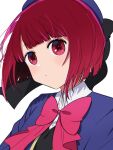  1girl arima_kana beret black_ribbon black_vest blue_headwear blue_jacket blunt_bangs bob_cut bow bowtie closed_mouth collared_shirt commentary_request hat hat_ribbon highres illust_okm inverted_bob jacket no_pupils oshi_no_ko pink_bow pink_bowtie red_eyes redhead ribbon school_uniform shirt short_hair simple_background solo vest white_background white_shirt youtou_high_school_uniform 