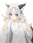  1girl absurdres animal_ears auuufox blue_eyes double_fox_shadow_puppet expressionless fox_ears fox_girl fox_shadow_puppet fox_tail grey_hair highres long_hair looking_at_viewer original oversized_clothes oversized_shirt shirt short_sleeves tail very_long_hair white_background white_shirt 