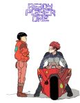  1boy 1girl akira art3mis black_hair breasts crossover highres jacket kaneda_shoutarou&#039;s_bike kaneda_shoutarou_(akira) motor_vehicle motorcycle pants ready_player_one red_jacket red_pants redhead simple_background tora0820 white_background 